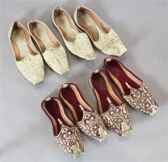 Four pairs of silver and gold coloured embroidered Turkish style slippers